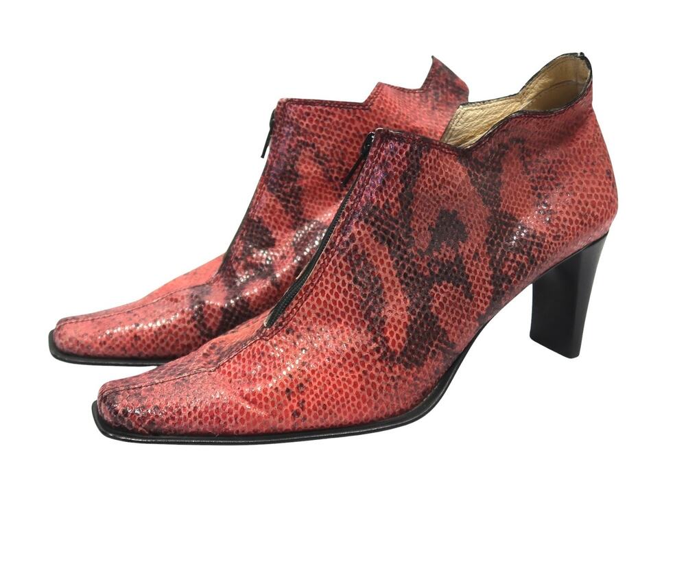 Vintage 90s Toscana Pink Snakeskin Leather Heeled Ankle Boots 8.5